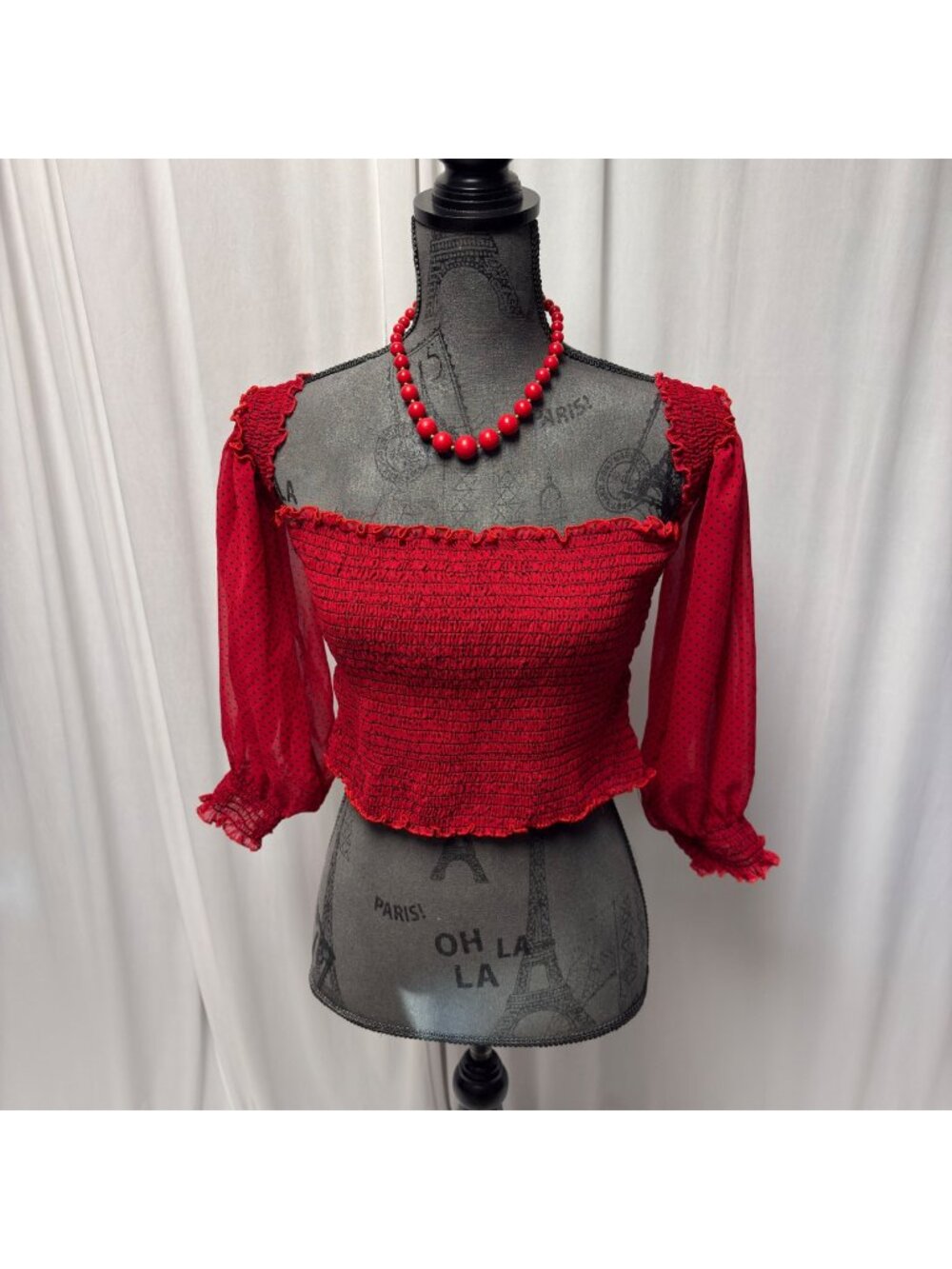 Ups Downs Womens Smocked Crop Top Size XL Red Polka Dot Sheer Sleeve Romantic